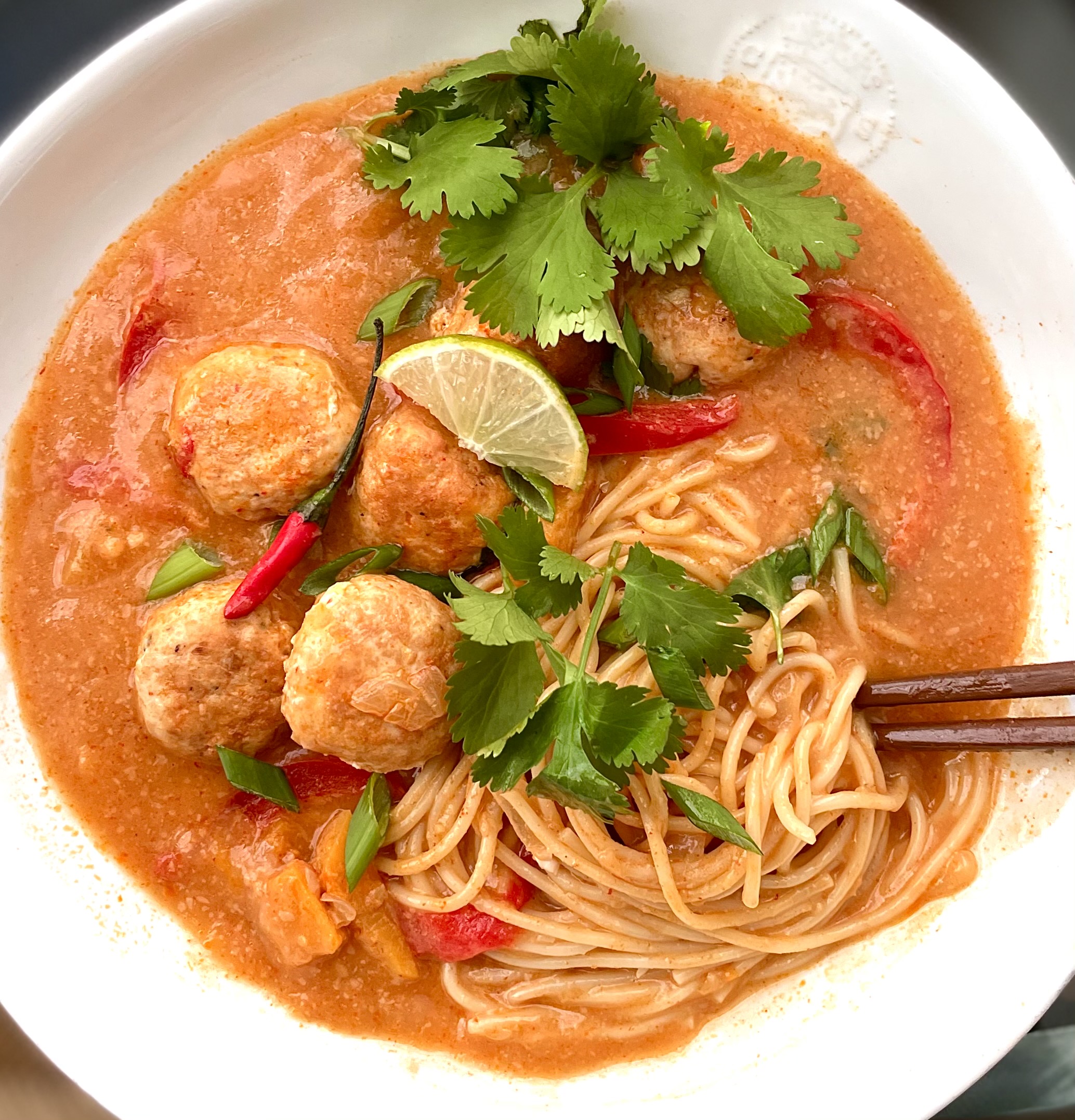 Curry Noodles with Chicken Meatballs